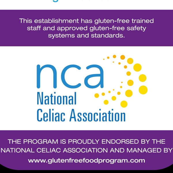 National Celiac Association logo with text about gluten-free trained staff and safety standards.