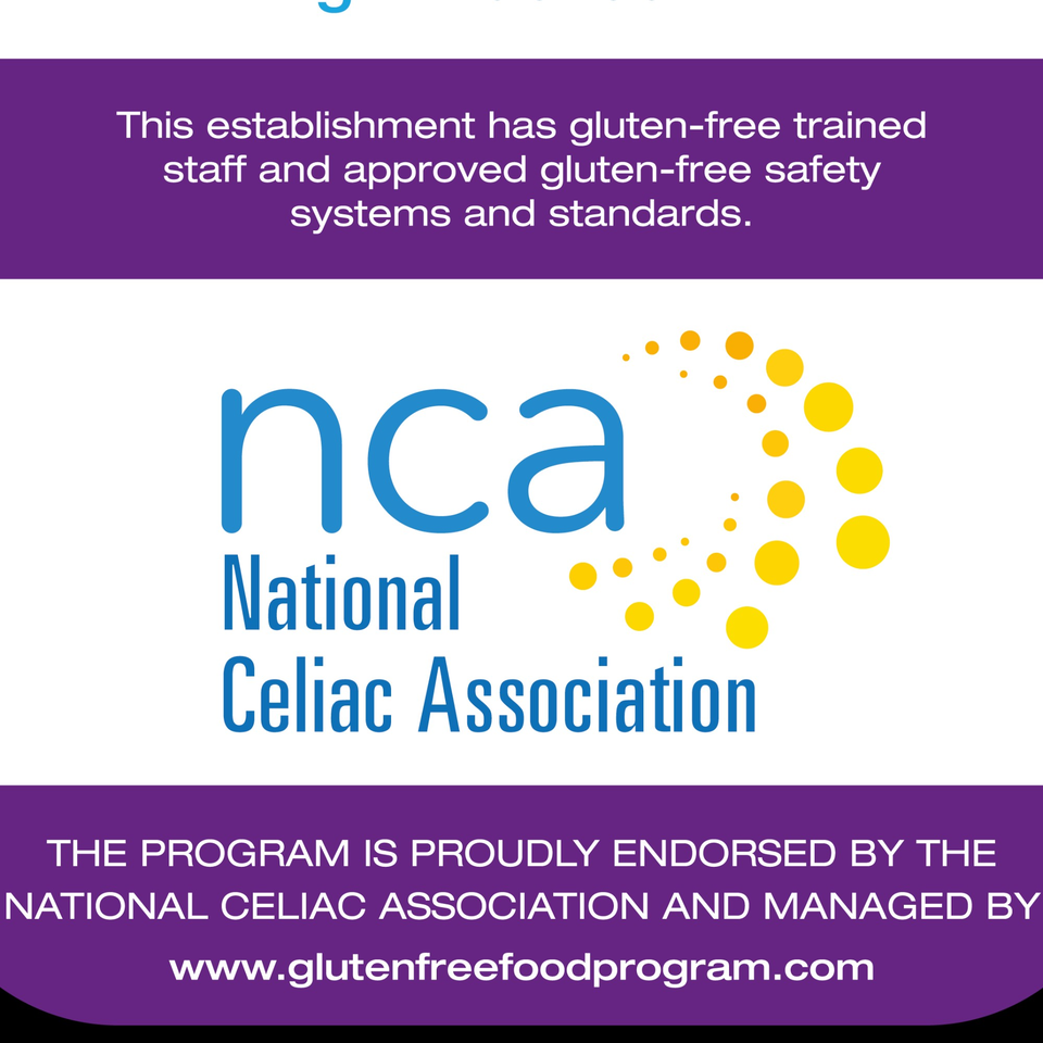 National Celiac Association logo with text about gluten-free trained staff and safety standards.