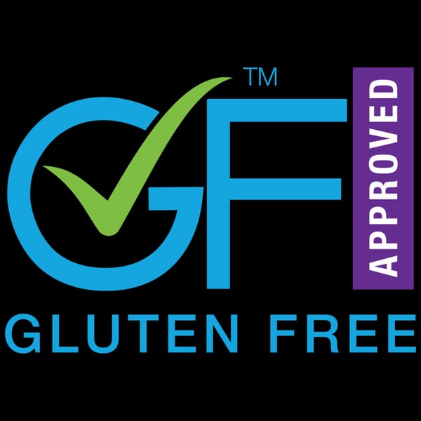 Gluten-Free Approved logo with a green checkmark inside a blue 'G' and blue 'F' letters.