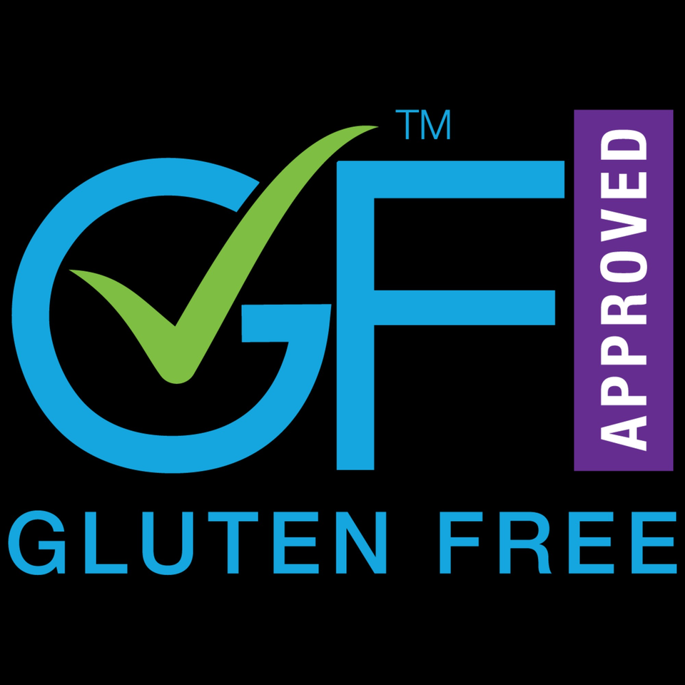 Gluten-Free Approved logo with a green checkmark inside a blue 'G' and blue 'F' letters.