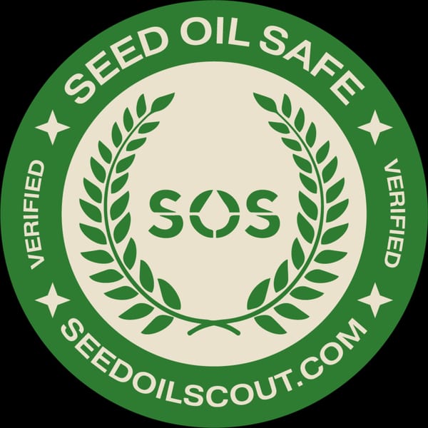 Green and white circular 'Seed Oil Safe' logo with 'SOS' and 'Verified' text, and a laurel wreath.