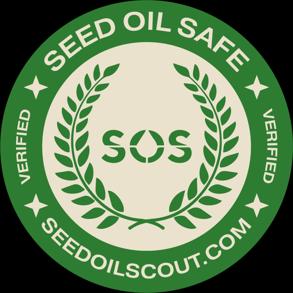 Green and white circular 'Seed Oil Safe' logo with 'SOS' and 'Verified' text, and a laurel wreath.